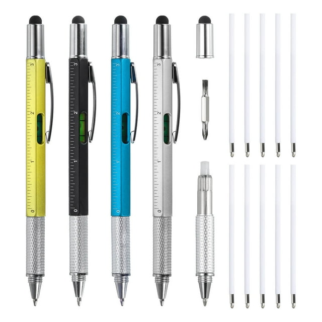 Unique Bargains 4pcs 6 in 1 Multitool Tech Tool Pen Gifts for Men with Ballpoint Pen, Ruler, Screwdriver, Stylus, Refills,