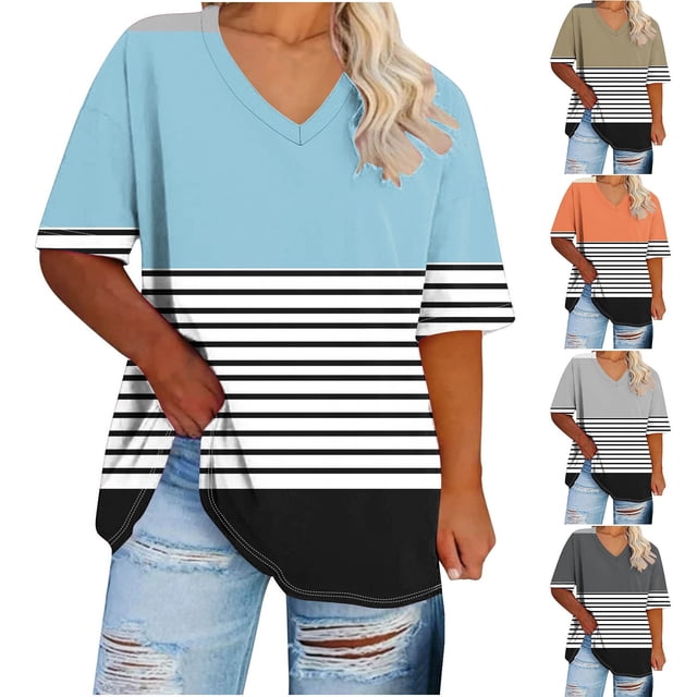 Ashirexll Hauts pour Femmes Tendance, Chemise de Base Imprimée à Manches Courtes et Col en V pour Femmes Grande Taille