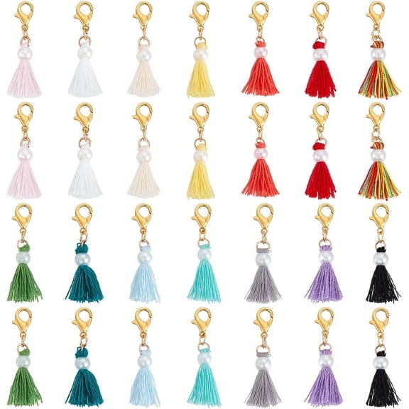 28Pcs 14 Colors Mini Tassel with Lobster Clasp 28Pcs Craft Tassels with Imitation Pearl Clip on Charm for Bracelets Jewelry Making Key Chain and Craft Supplies