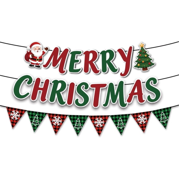 Stegali Merry Christmas Banner Santa Tree Buffalo Plaid Pre-Strung Party Decorations