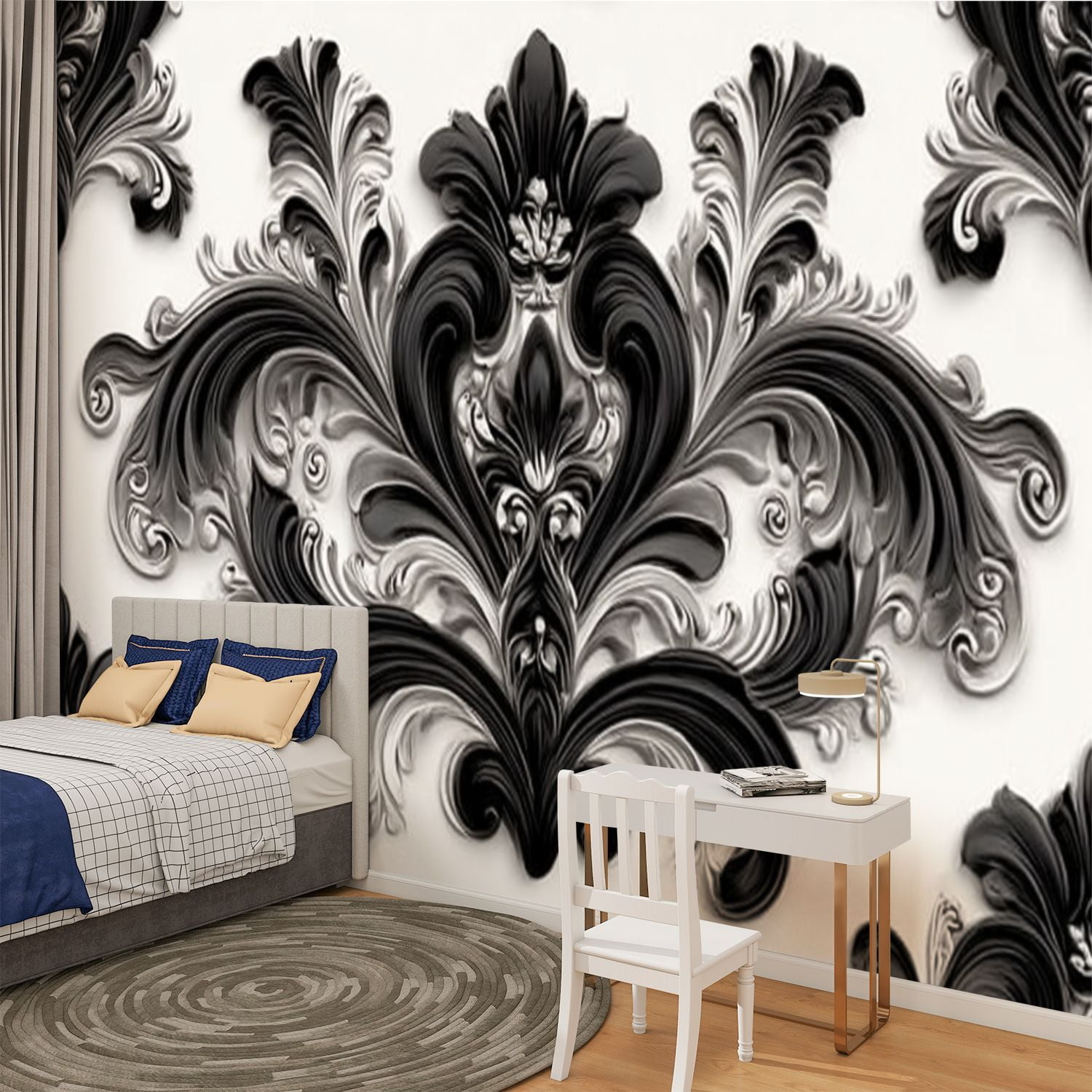 Peel and Stick Wallpaper Black White Damask Multicolor Floral Motifs Scrollwork Symmetrical Modern Art Wall Mural Decor Self Adhesive and Removable 100in x 144in
