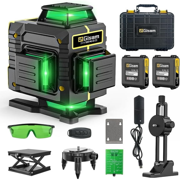 Gisam Laser Level,  4x360° Self-Leveling Green Cross Line 4D 16 Lines Laser Tool with Remote Control & 2* 4800mAh Battery Magnetic Liftable Stand Included, for Construction and Picture Hanging