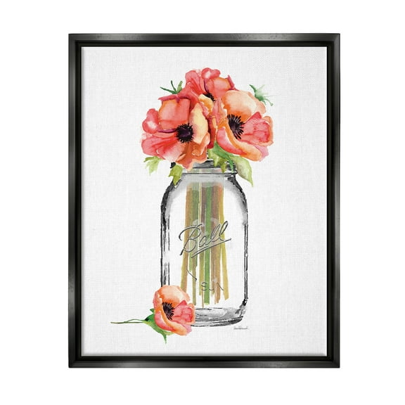Stupell Industries Mason Jar Poppys Jet Black Framed Floating Canvas Wall Art, 16x20, by Amanda Greenwood