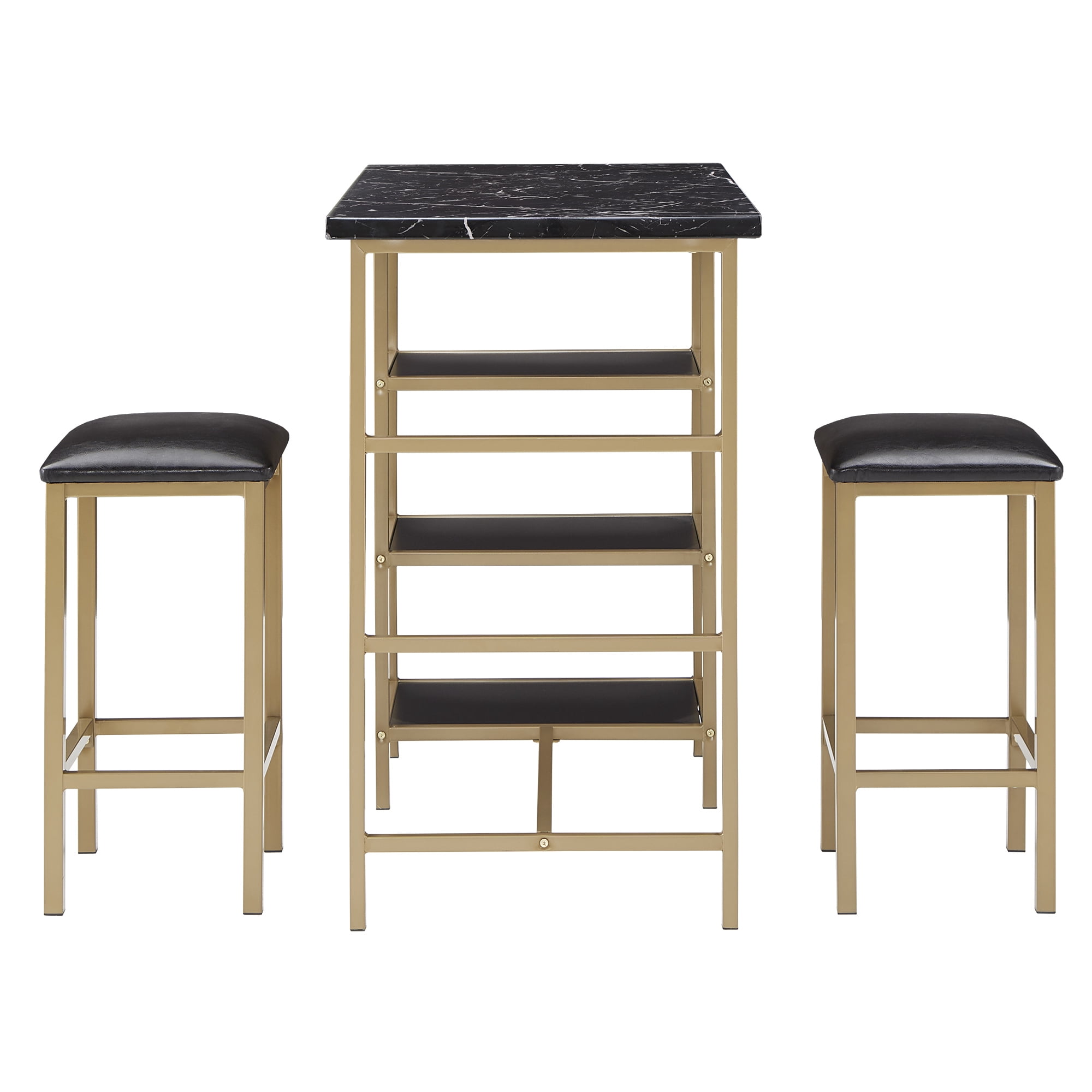 Weston Home Harper Counter Height Metal Table Table with Faux Marble Top and 2 Stools, Multiple Finishes