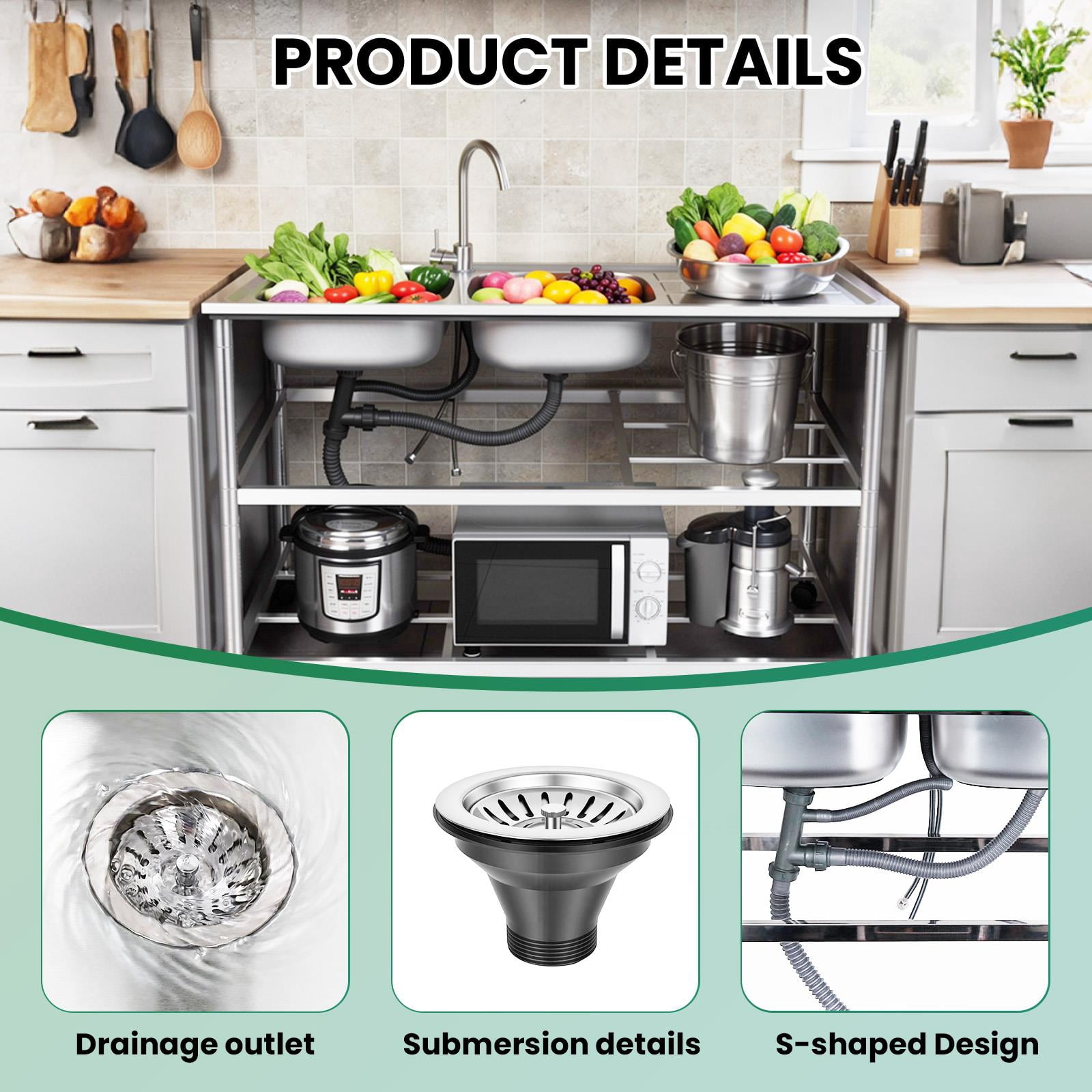 QUHEE 304 Stainless Steel Free Standing Sink Station, 47in Double Bowl Utility Sink with Storage Shelf for Home Kitchen Laundry Room Outdoor Patio
