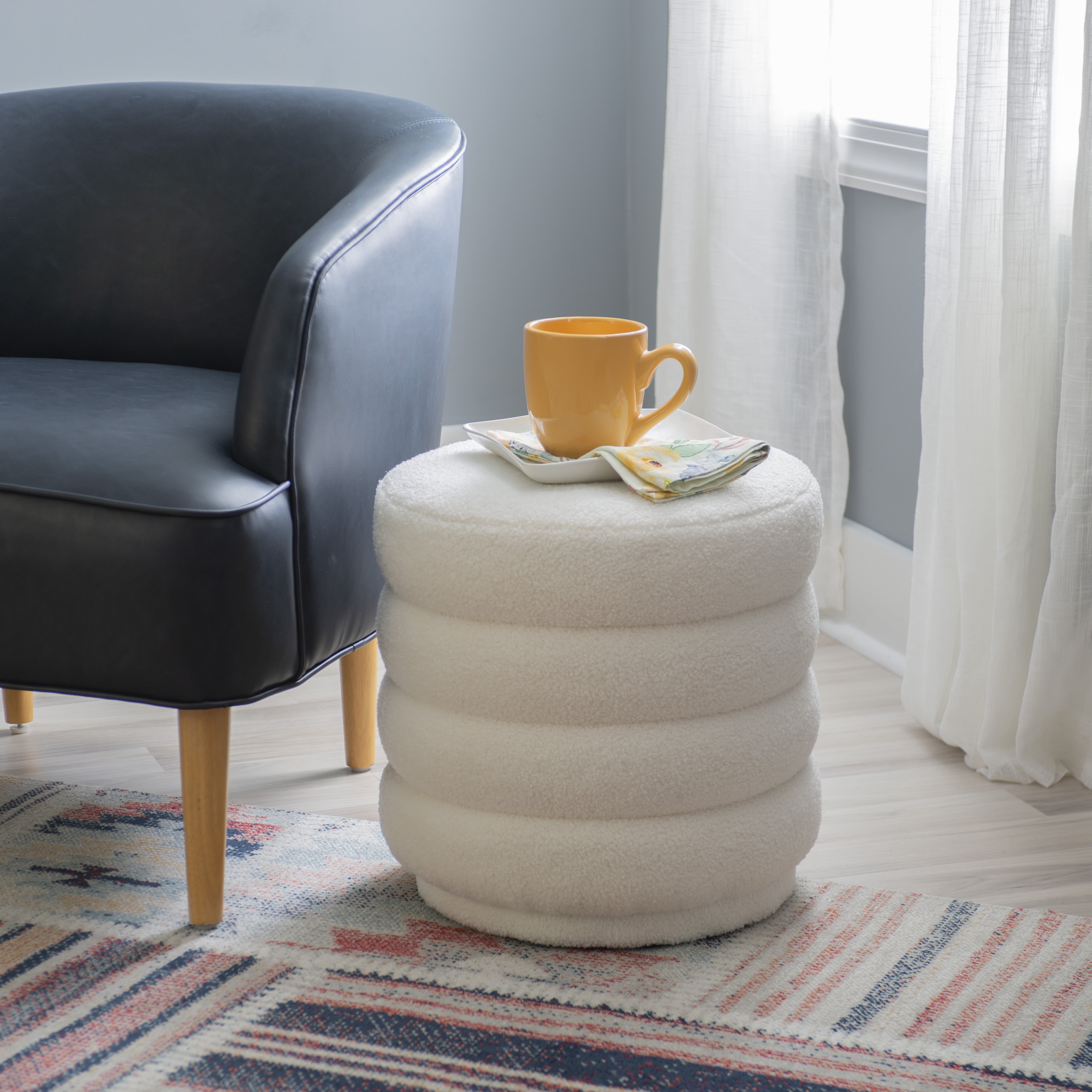 Linon Jacoby Round Ottoman, White Sherpa