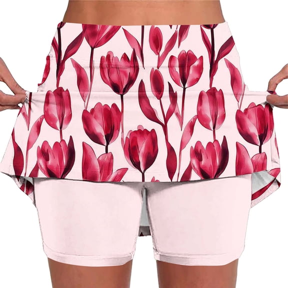 Lcziwo Skirts for Women Athletic Boho Floral Print High Waist Fitted Skorts Casual Summer Tennis Golf Skirts with Pockets Pink,L