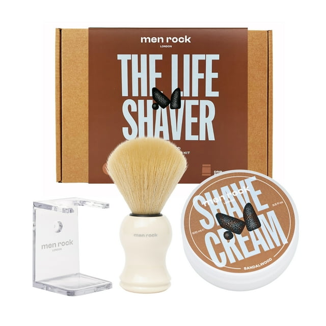 Men Rock Kit de Afeitado Esencial, Crema de Afeitar, Sándalo, 3 Pc