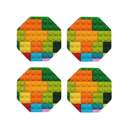 

Tebeau Colorful Building Blocks Print Set of 4 Leather Drink Coasters Round Cup Mat Pad for Home and Kitchen Use 4 -Octagon