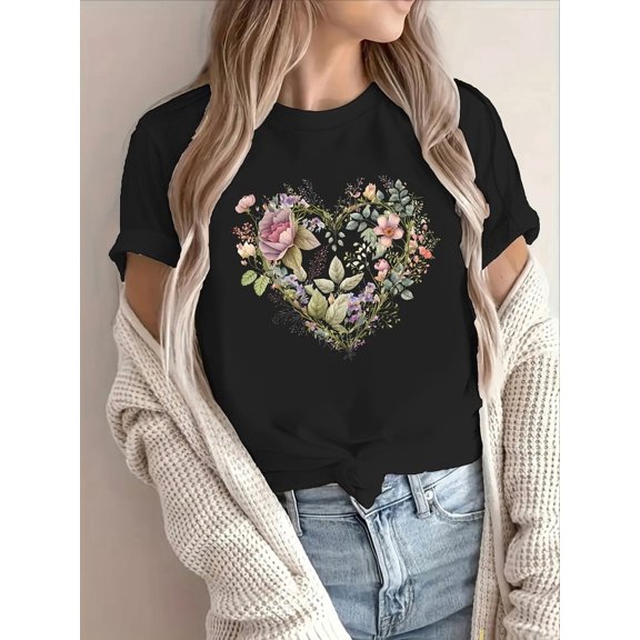 Womens Floral Print Short Sleeve Crew Neck T Shirt Casual Stylish Top