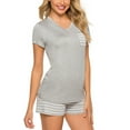 thumbnail image 2 of Women Summer Pajamas Set,Deep V Neck Short Sleeve Sleepshirt with Stripped Shorts pj set,2 Piece Modal Nightwear Super Comfy Causal Sleepwear Classic Loungewear,Top Shorts Nightshirt,S-2XL Gray, 2 of 7