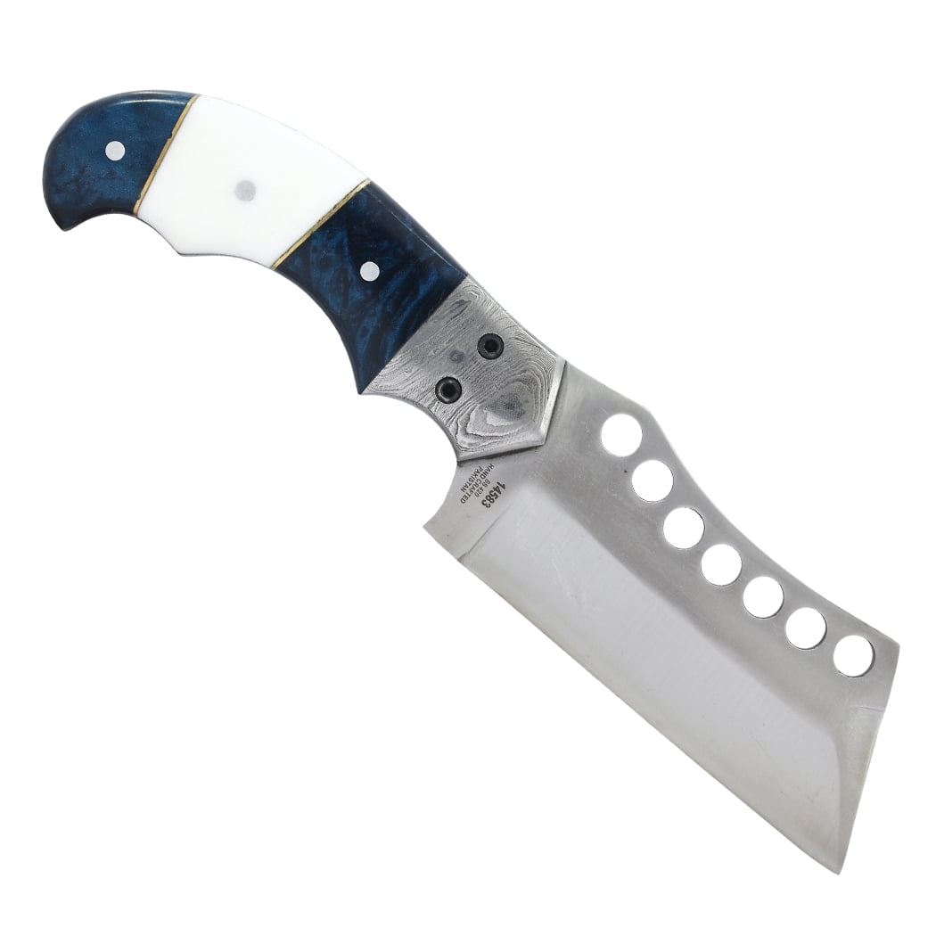 Hunt-Down 9" Blue & White Resin Handle Damascus Bolster Hunting Knife with Leather Sheath