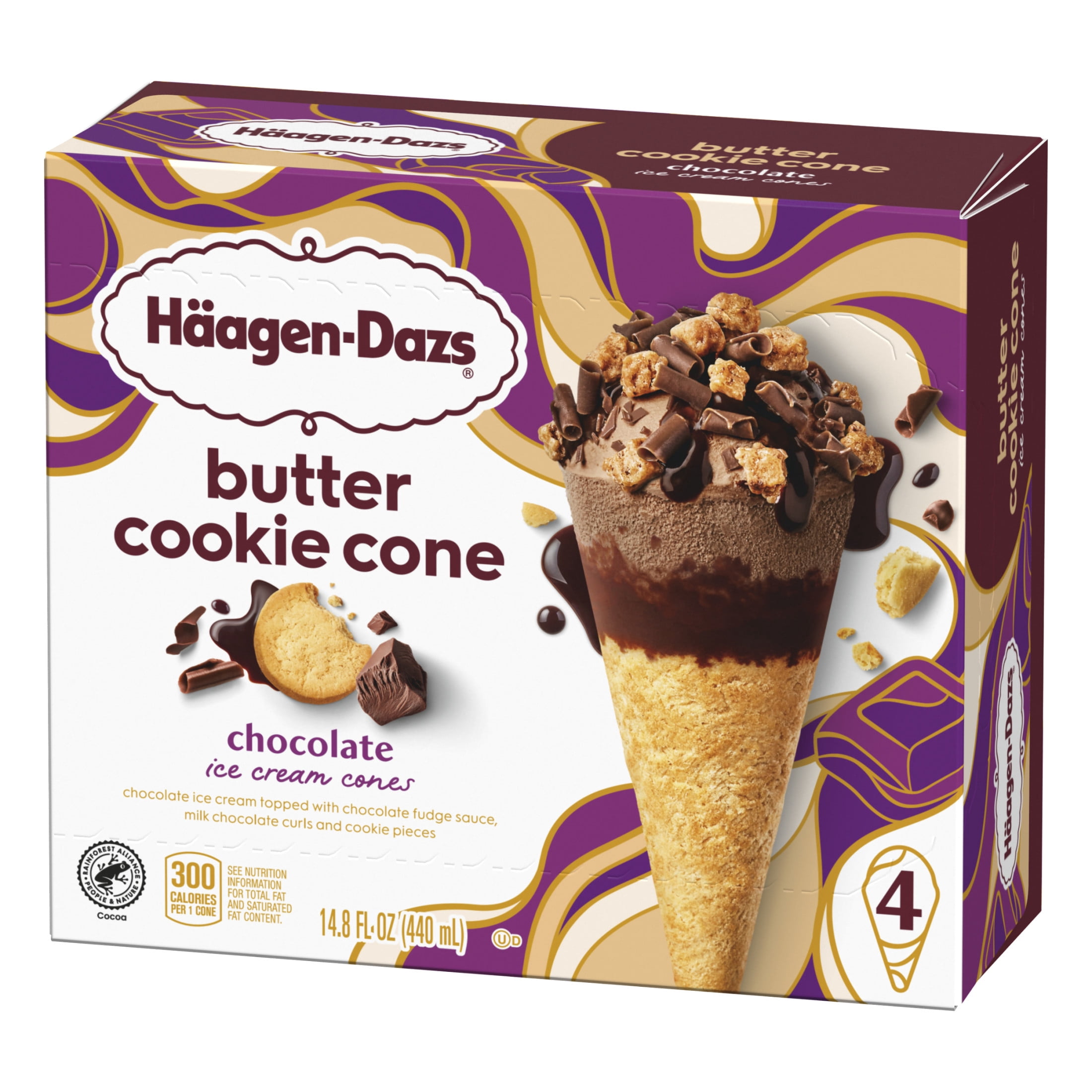Haagen Dazs Chocolate Butter Cookie Ice Cream Cone Dessert, 4 Count Package