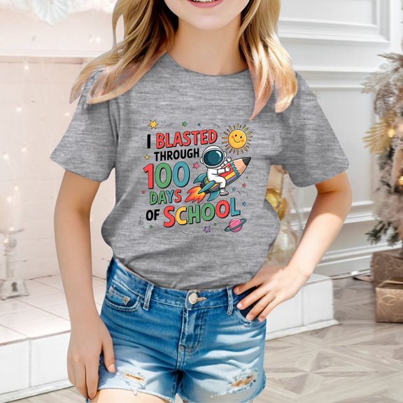 School Uniform Tshirts Children Alphabet Print Crewneck T Shirt Short Sleeve Wear Girls Tshirts Grey 3-4 Years