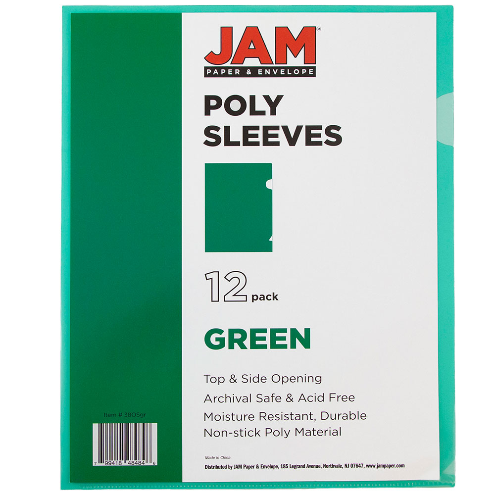 JAM Paper Plastic Sleeves, 9 x 11 1/2, Green, 12 per Pack