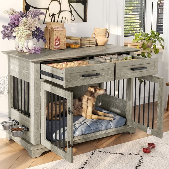 LUMAMIN Dog Crate Furniture, 44.5" Large Dog Kennel Dog Cage with 2 Drawers and Rotatable Feeding Bowls, Indoor Dog House for Small/Medium/Large Dog, Gray