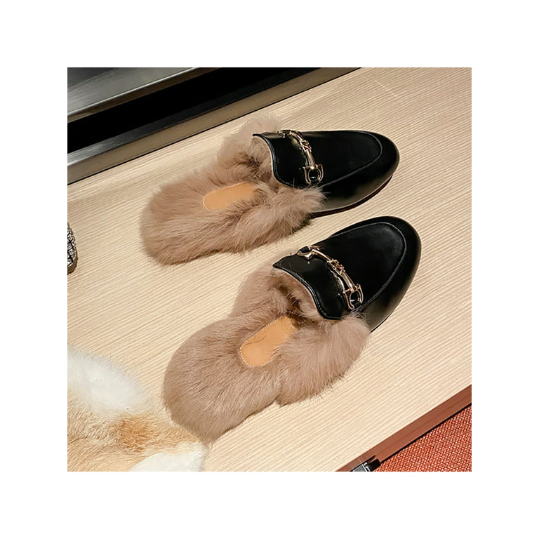 SIMANLAN Mules for Women Flats Faux fur Winter Warm Casual Work Business  Office Dress Shoes Black 4.5
