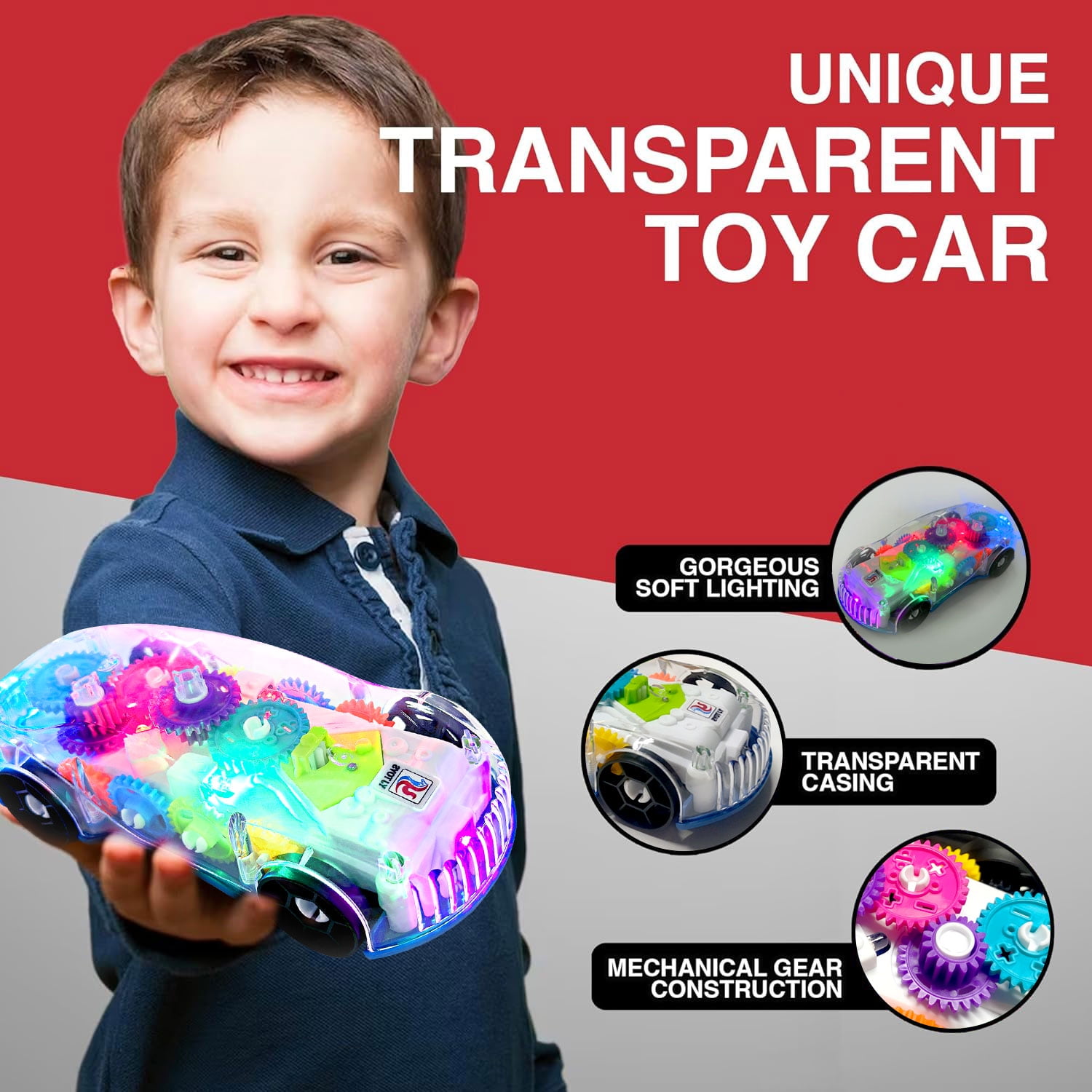 Kid Odyssey Light Up Transparent Car Toys for Kids, Bump and Go Toy Car with Colorful Moving Gears, Music, and LED Effects, Fun Educational Toy for Kids Toddlers, Great Birthday Gift Idea