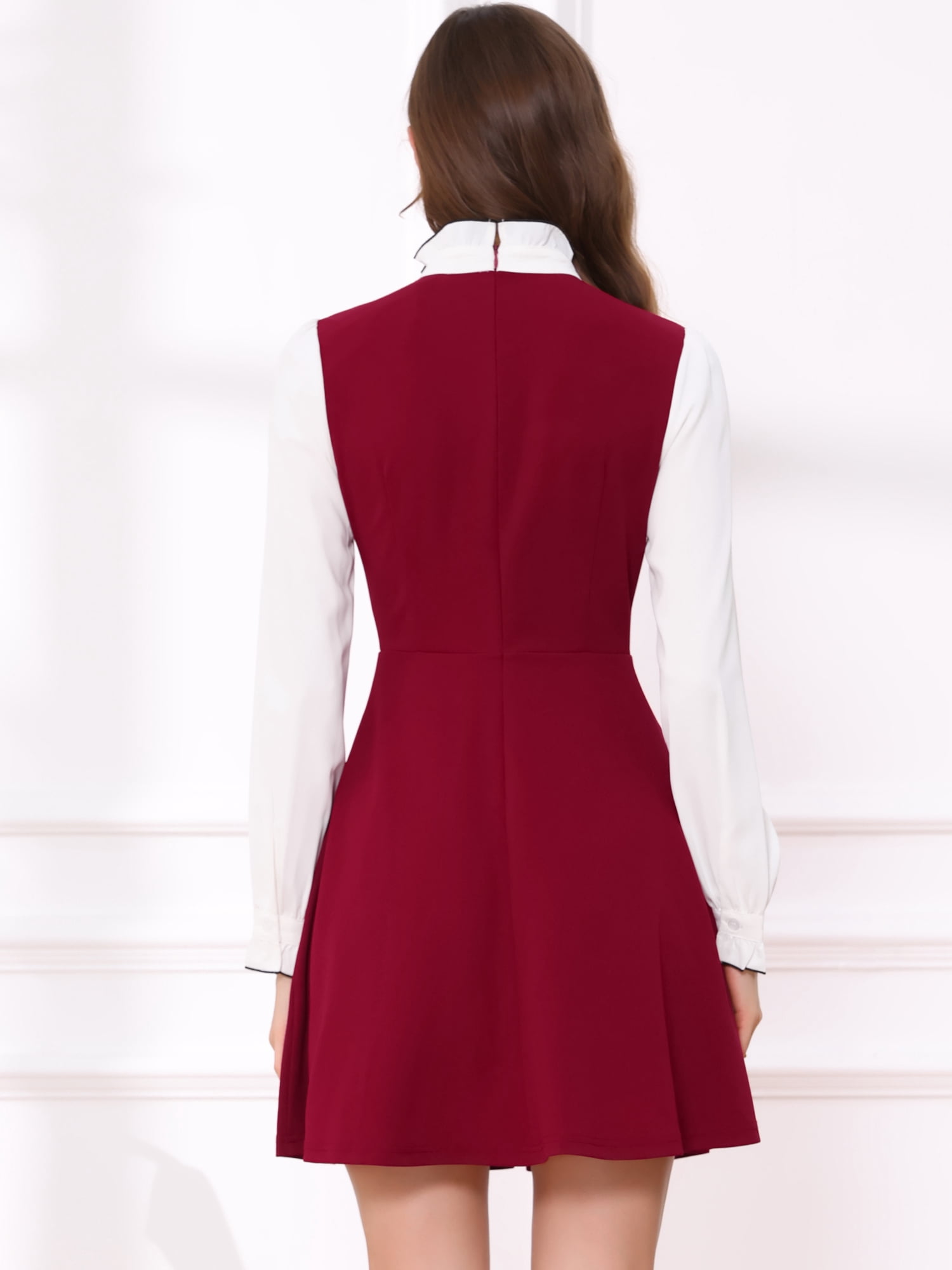 DARING DIVA Women's Tie Neck Vintage Long Sleeve Contrast Color Dress S Burgundy