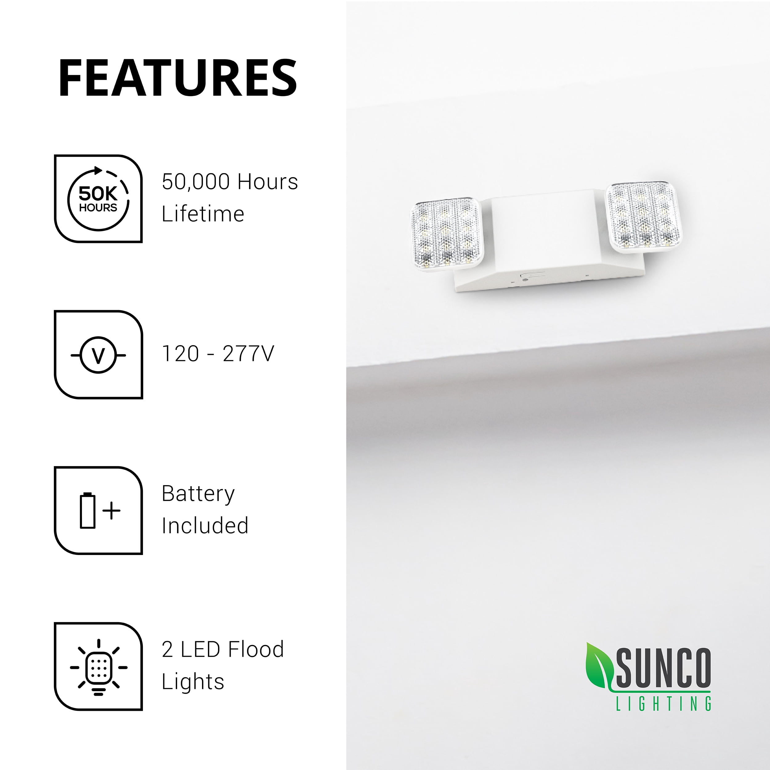 Sunco Lighting 6 Pack LED Emergency Light Fixture, Two LED Flood Lights, Backup Battery (180 Minutes), Wall Mount, Commercial Grade, 120-277V, Fire Resistant (UL 94V-0)