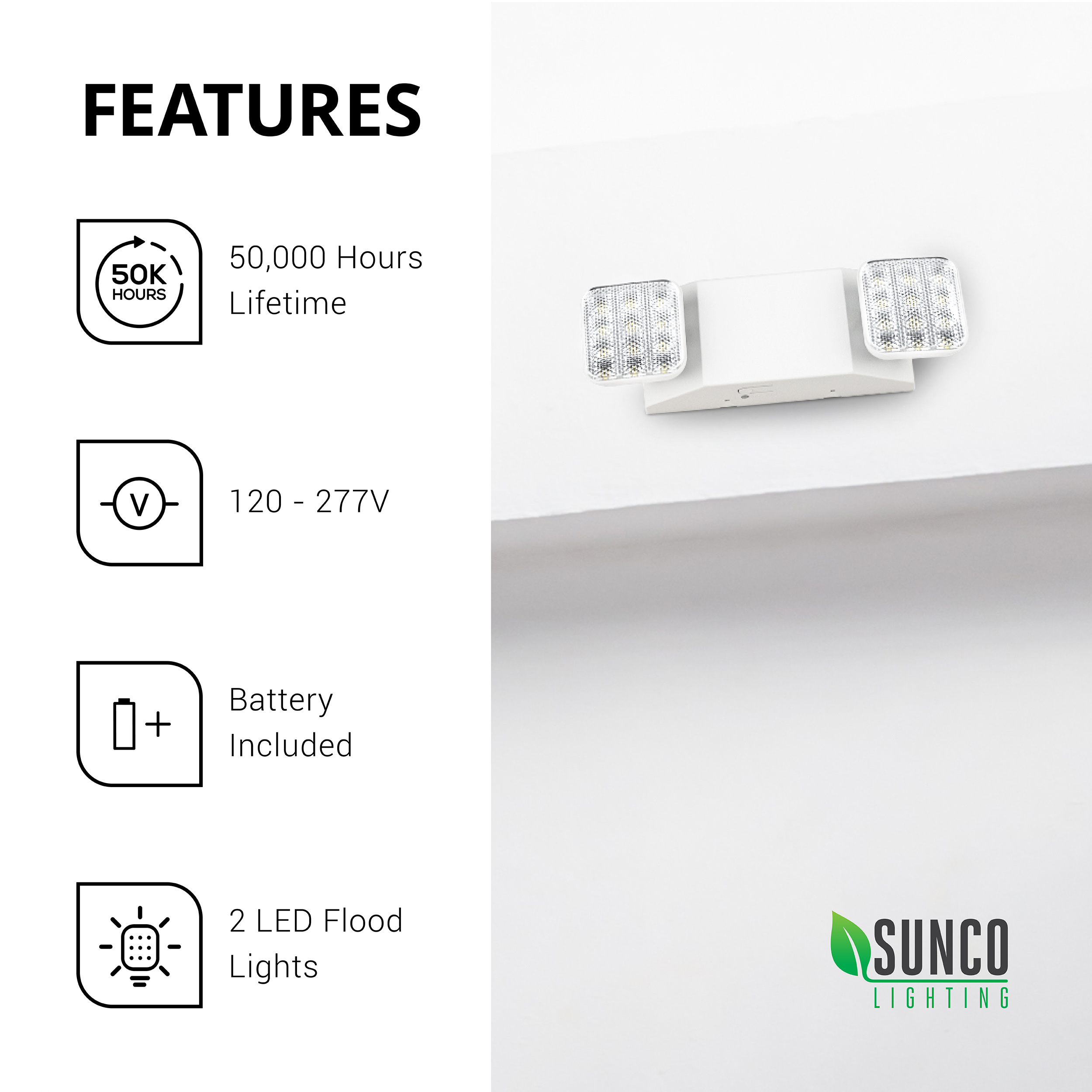 Sunco Lighting Pack LED Emergency Light Fixture, Two LED Flood Lights,  Backup Battery (180 Minutes), Wall Mount, Commercial Grade, 120-277V, Fire  Resistant (UL 94V-0)