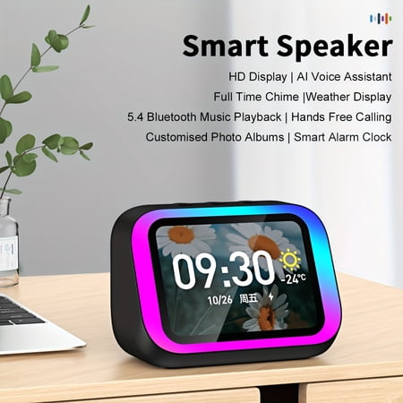 4-Inch Touchscreen Smart Speaker and Alarm Clock with RGB Night Light - AI Speaker Featuring Weather, Calculator, and Enhanced Bass