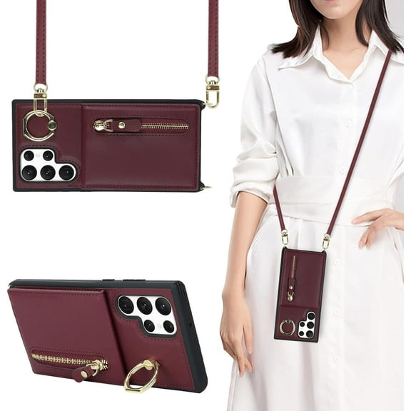 for Samsung Galaxy S22 Ultra 5G Phone Case for Women with Card Holder,Galaxy S22 Ultra Case Wallet Crossbody Lanyard with Strap,Credit Card Slots Kickstand Case with Ring Holder,6.8",Burgundy