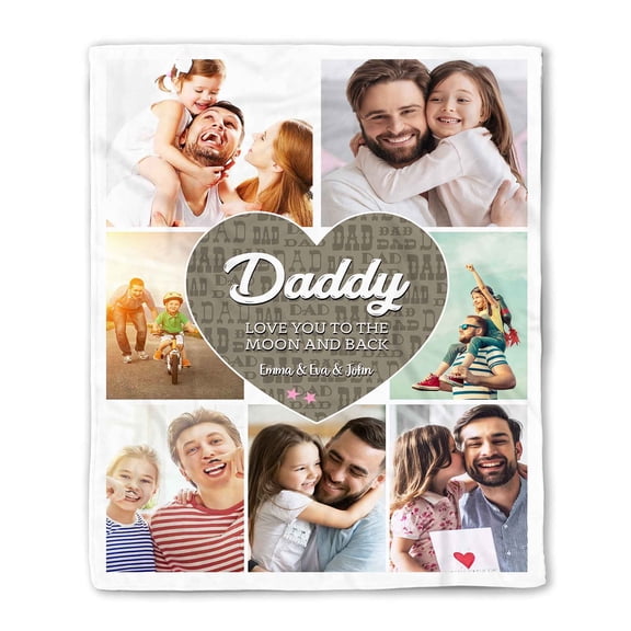 Customizaholic Personalized Daddy Photo Blanket – Love You to the Moon and Back, Custom Photo Collage Blanket, Gift for Dad