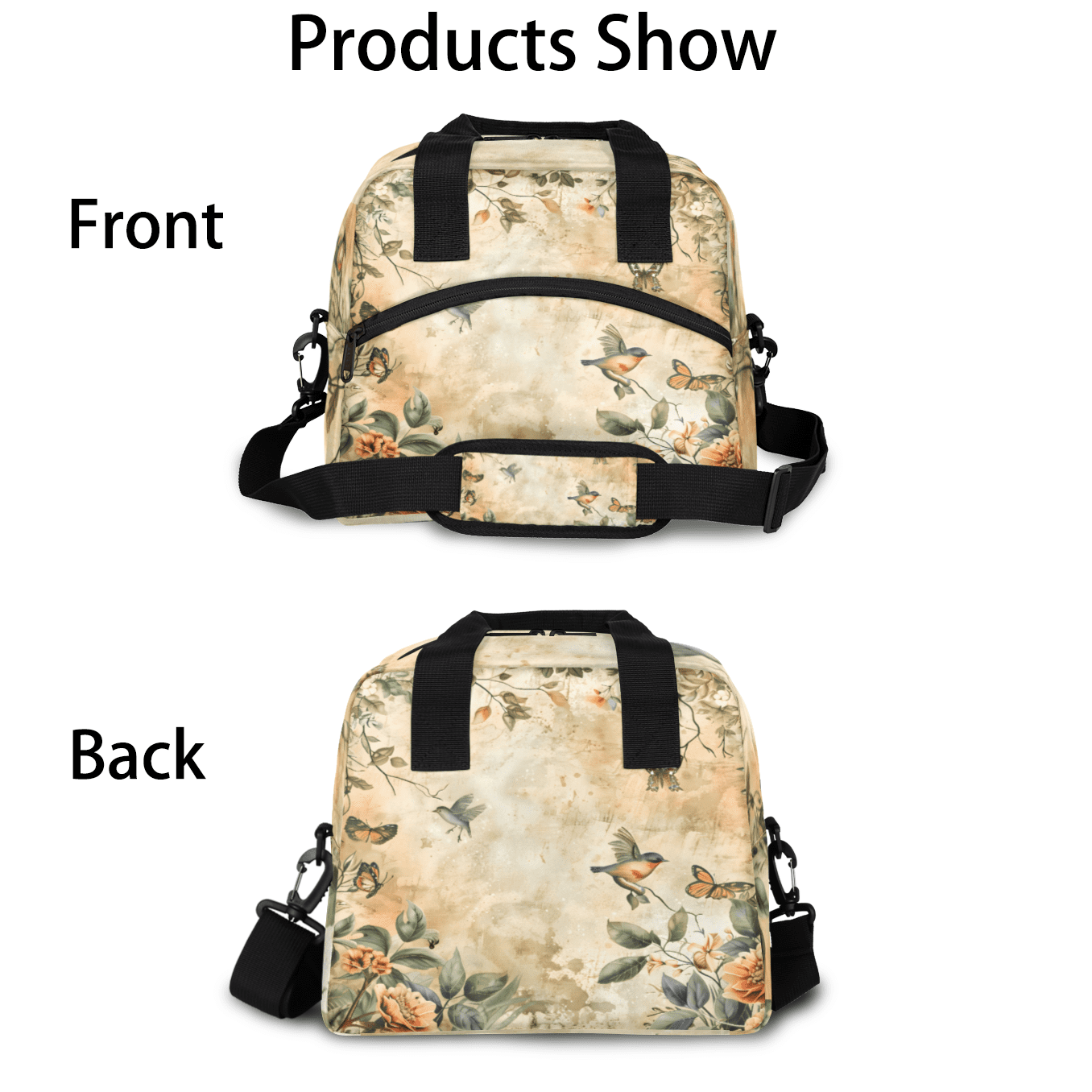 Herdesigns Vintage Birds Flower Insulated Lunch Bag for Women Men Adults Large Reusable Lunch Box Leakproof Portable Cooler Tote Bags with Adjustable Shoulder Strap