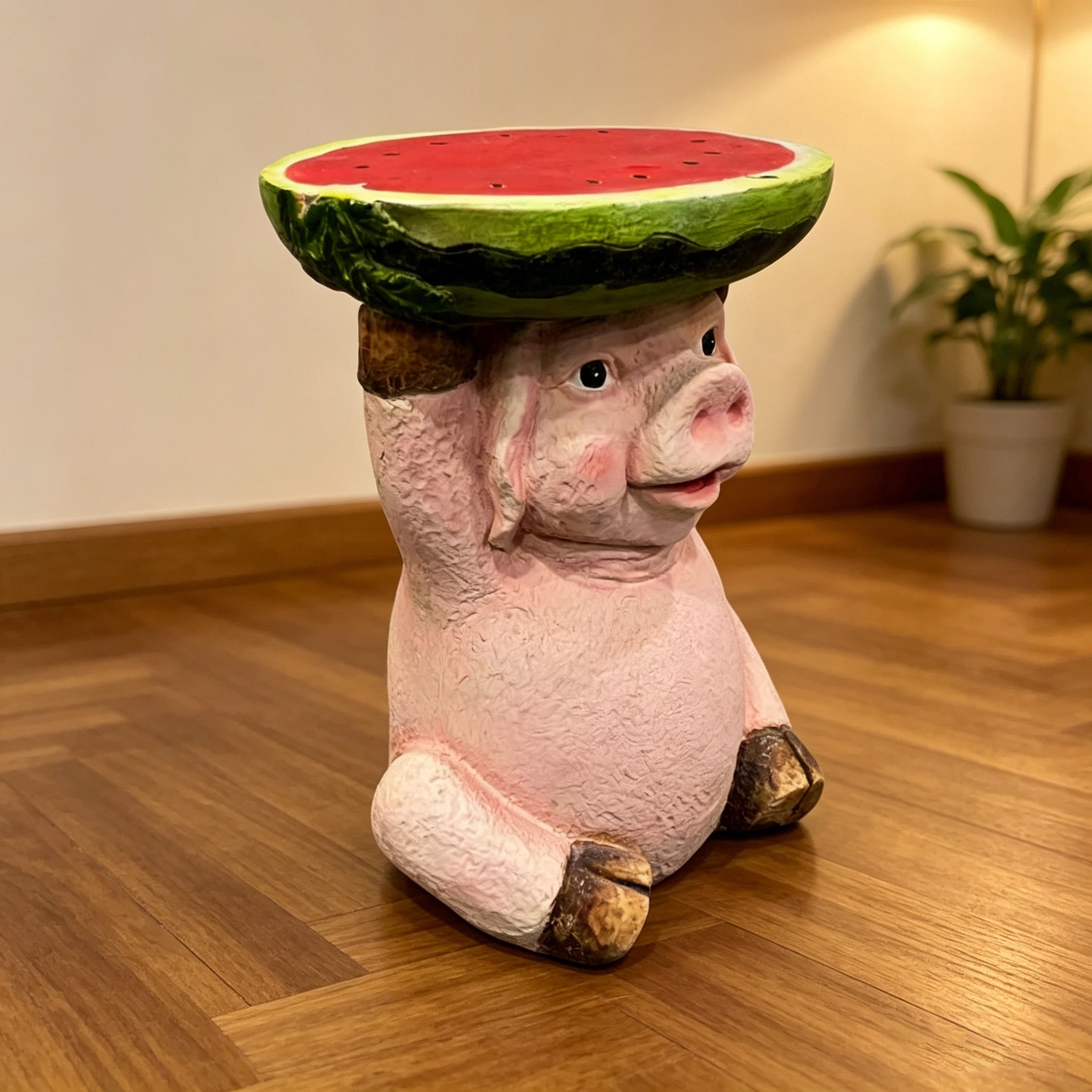 Noble House Pig Watermelon Stool, Cute Animal Side Table Decor, Outdoor Creative Figurine Seat for Patio, Garden, Pink
