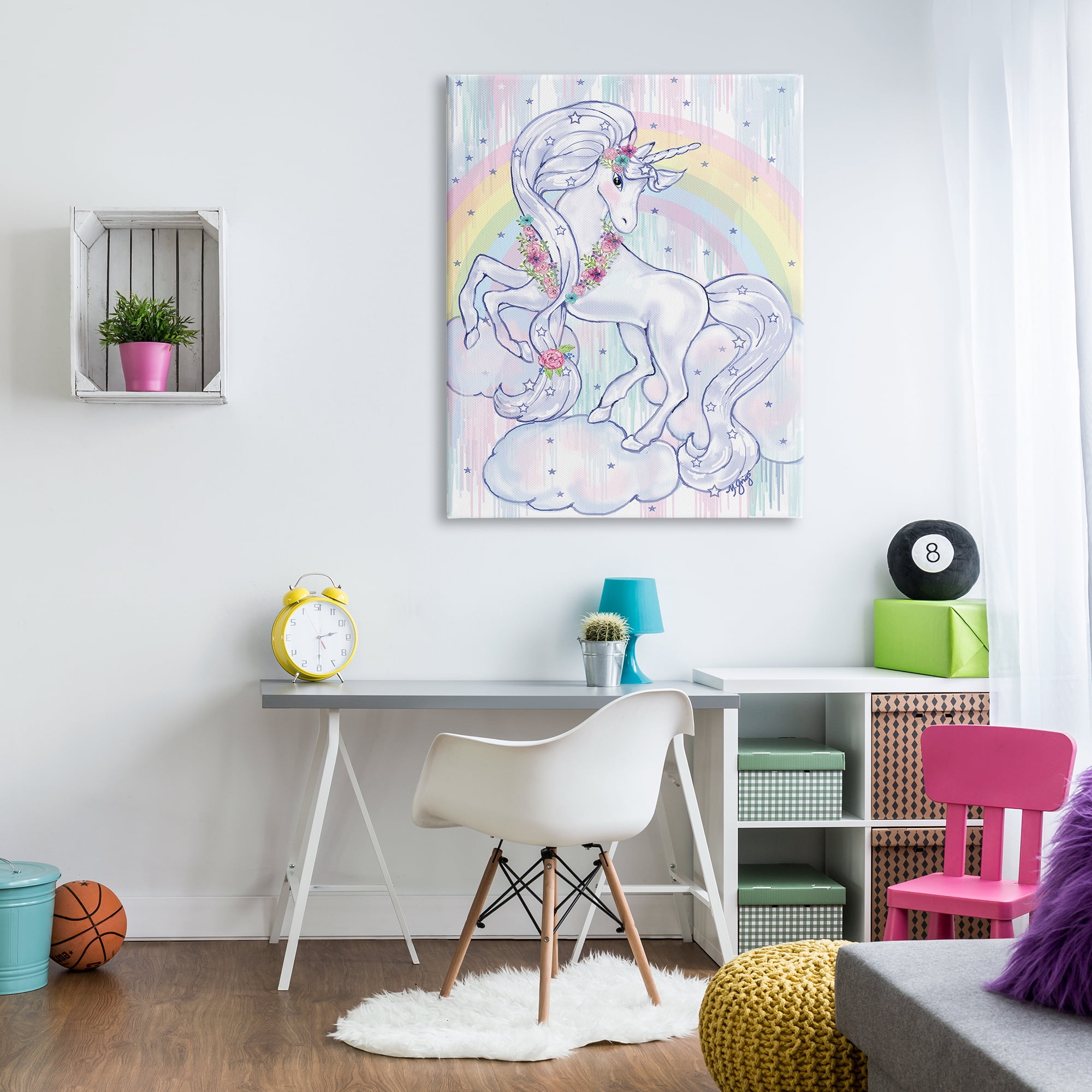 Stupell Industries Purple Unicorn Floral Mane Clouds Under Rainbow, 36 x 48, Designed by Maureen Grigs
