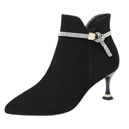 OJSFQUFP Womens Booties Pointed Rhinestone High Heels Women New Fashionable Slim Heel Short Ankle Boots Comfortable Fall Shoes Combat Boots Womens Goth Black 38