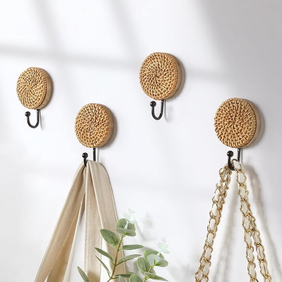 4 Pcs Boho Rattan Wall Towel Hooks Decorative Woven Hanging Holder Farmhouse Coat Rack Hooks Wood Coat Rack Wall Mount Vintage Decorative Hook for Hanging Coats(Round)