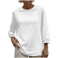 thumbnail image 2 of Yxbdin Shirts for Women Cotton Linen Puff 3/4 Sleeve Blouse Dressy Casual Crew Neck Tops Loose Fit Solid Clothes White L, 2 of 8