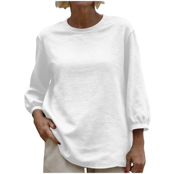 Htigea Womens Crewneck T-Shirts Solid Color 3/4 Sleeve Tops Casual Loose Fit Pullover Tees Lightweight Daily Shirts White S