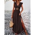 thumbnail image 4 of Womens Chocolate Brown V-Neck Tiered Maxi Dress With Ruffle Sleeves, 4 of 7