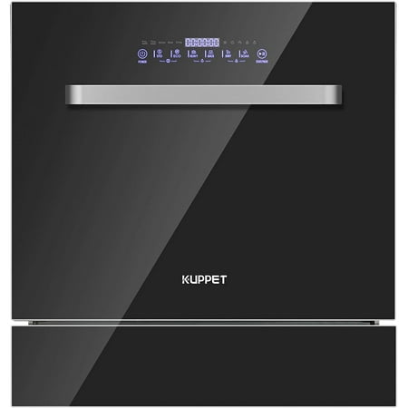 KUPPET Built-in Dishwasher, Dishwasher with 8 Place Setting, 6 One-Botton Control Washing Programme LED Display, Countertop Dishwasher with Shiny Wash&Soak Wash, Precise Set Up, Black Stainless Steel