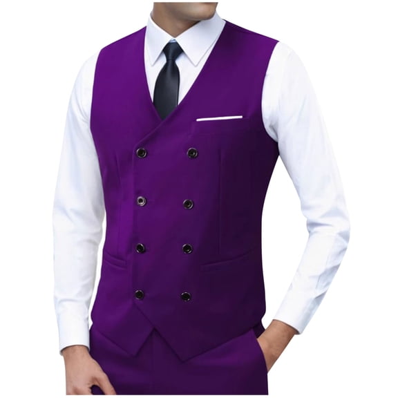 YUGYXL Men's Classic Slim Fit Dress Vest Formal Wedding Prom Tuxedo Double Breasted Suit Vest with Pocket for Business Work Purple XL