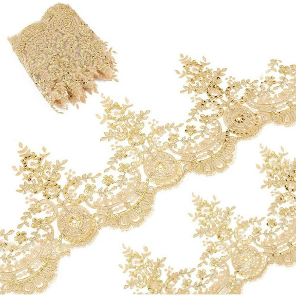 3 Yards 9 Inches Width Sequin Flower Embroidery Lace Ribbon Metaillic Venice Edging Trimming Applique Sewing Lace Trim Floral Lace Crown Edge for Fabric Embroidered Wedding Bridal(Golden)