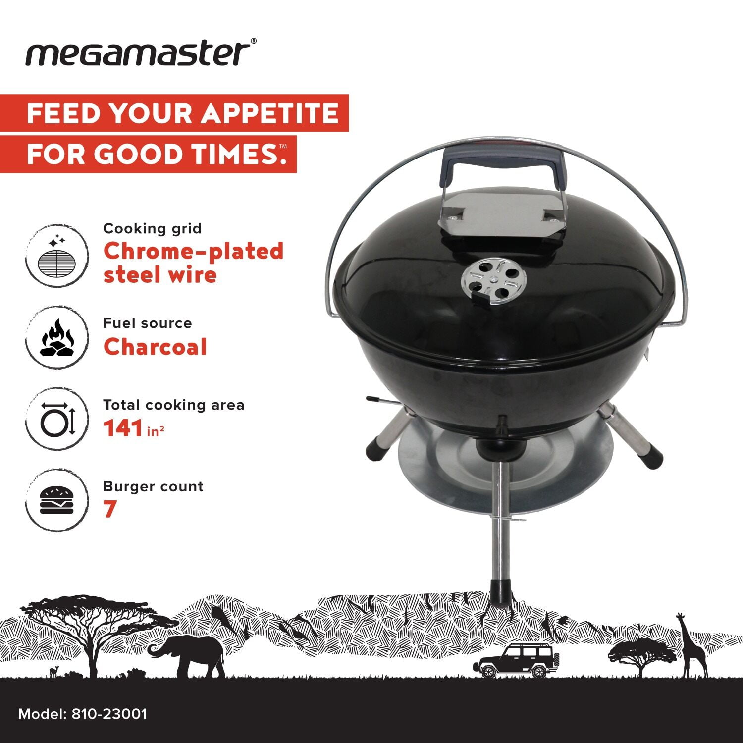 Megamaster – 14.5" Portable Charcoal Barbecue Grill with Adjustable Air Vent, 141 SQ. In Cooking Area, Table Top Grill for Camping, Outdoor Cooking, Patios, and More - 810-23001