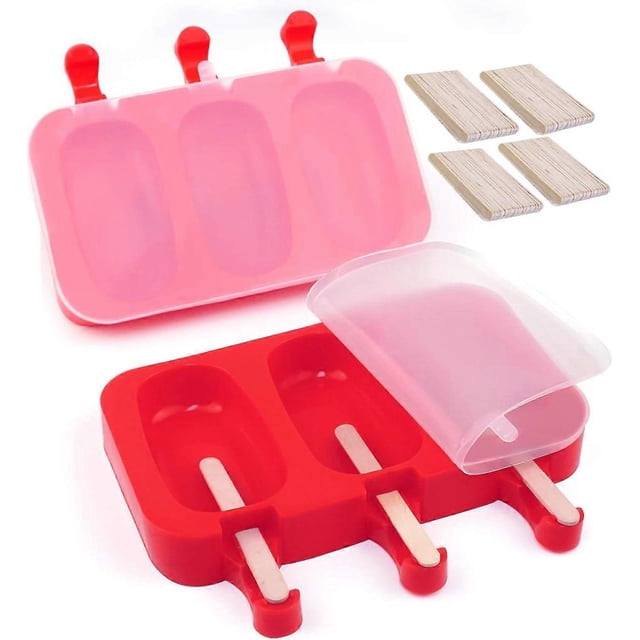 Silicone Popsicle Molds, Ice Pop Molds with Lids Packs of 2x3 Cavities for Kids, Cake/Ice Cream/Popsicle (Red)