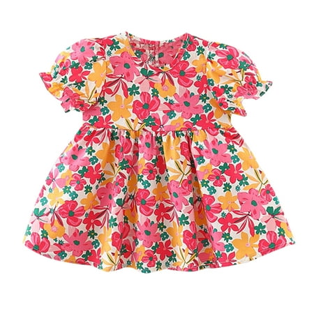 

XINSHIDE Toddler Kids Girls Bow Ruched Floral Print Summer Princess Dress Casual Clothes 4Y Baby Clothing
