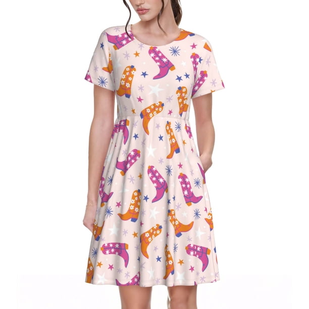Disketp Cowgirl Boots para Vestido de Manga Corta para Mujeres, Vestidos de Verano para Mujeres, Casual y Holgado para la Playa