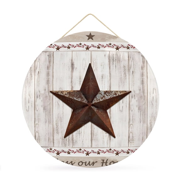 Welcome Sign for Front Door,American Country Round Metal Welcome Front Porch Decoration,Farmhouse Barn Star Brown Berry Wall Hanging Sign for Living Room Kitchen Hallway Housewarming Gift 12''