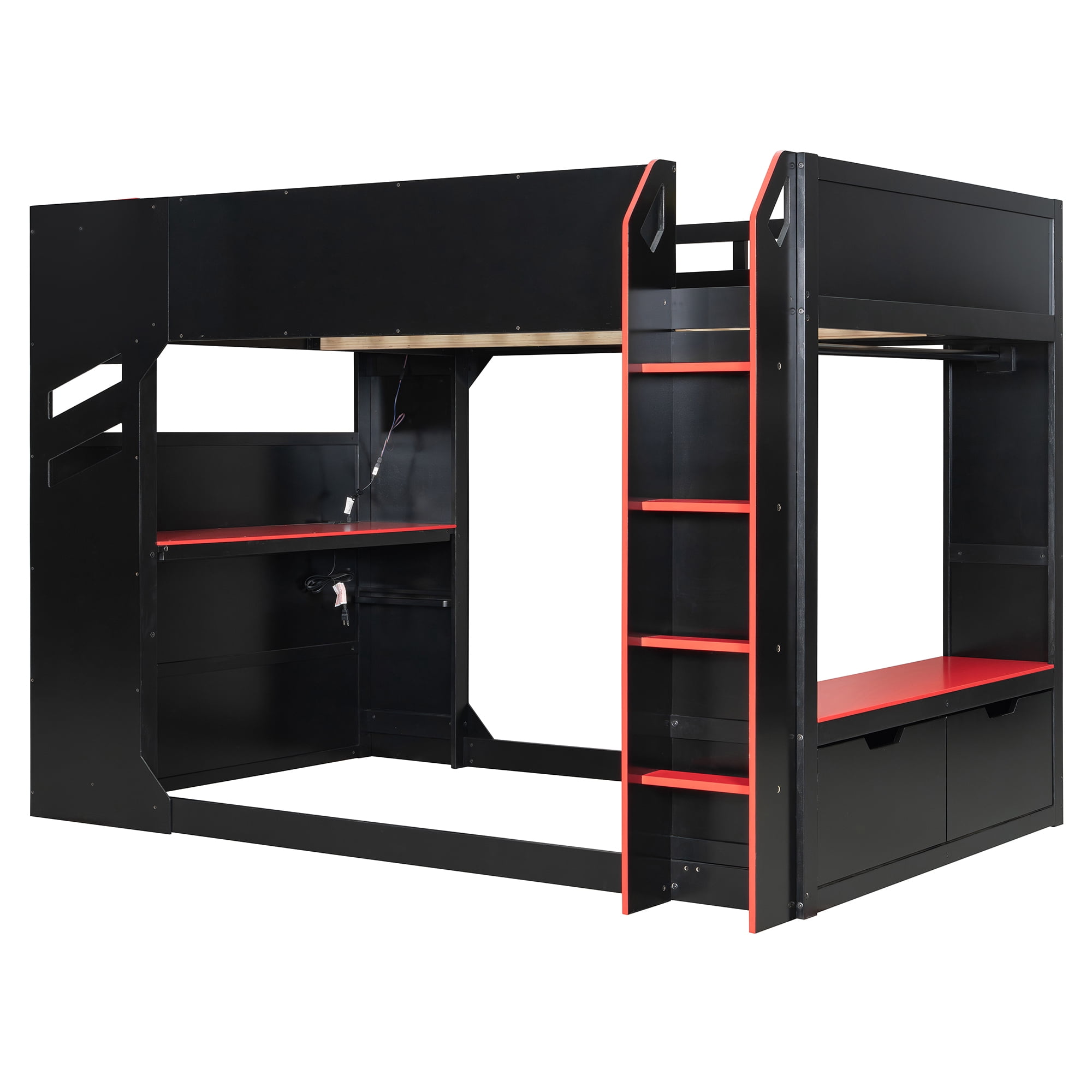 Mintazer Full Gaming Loft Bed with Height Adjustable Desk, Drawers, Storage Compartments, Hanging Rod and RGB Lights for Boys Girls, Black & Red