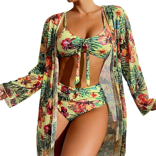 Gibobby Conjunto de Bikini Bikinis de cintura alta 2023, conjunto de Bikini Sexy de 3 piezas, traje de baño tipo pareo para mujer, traje de baño de manga(Amarillo,XL)