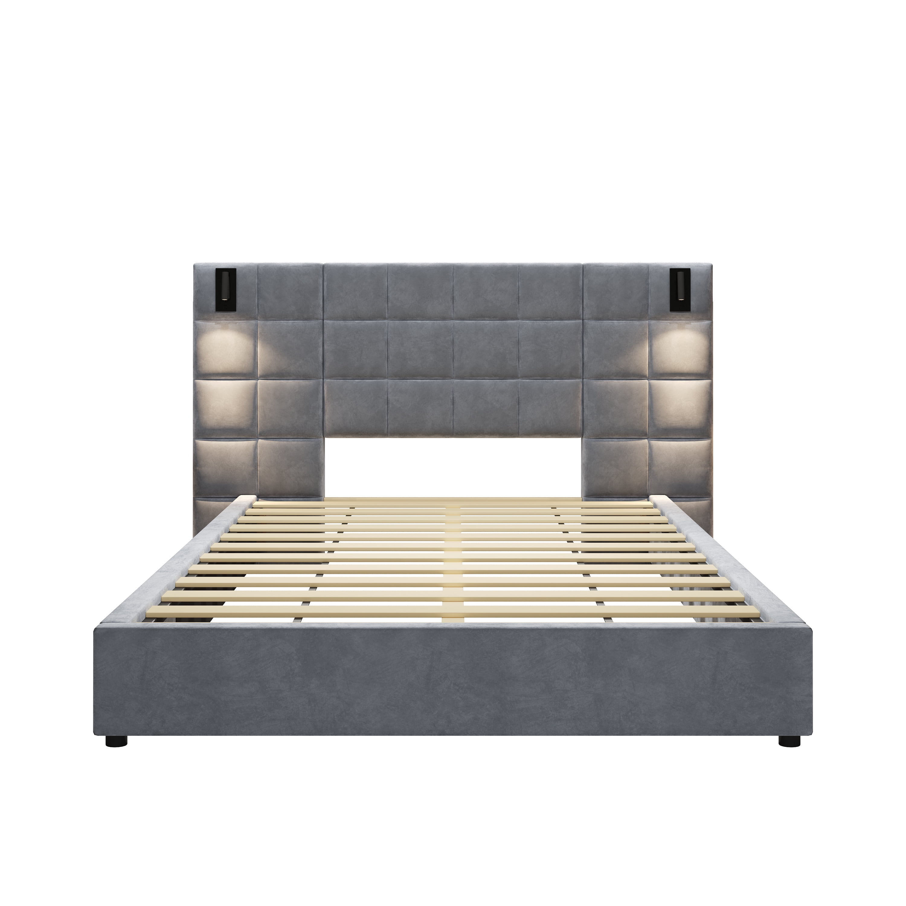 Queen Size Upholstered Bed Frame with Adjustable Wall Sconce & USB Port, Velvet Platform Bed with Wide Padded Headboard for Bedroom, Gray