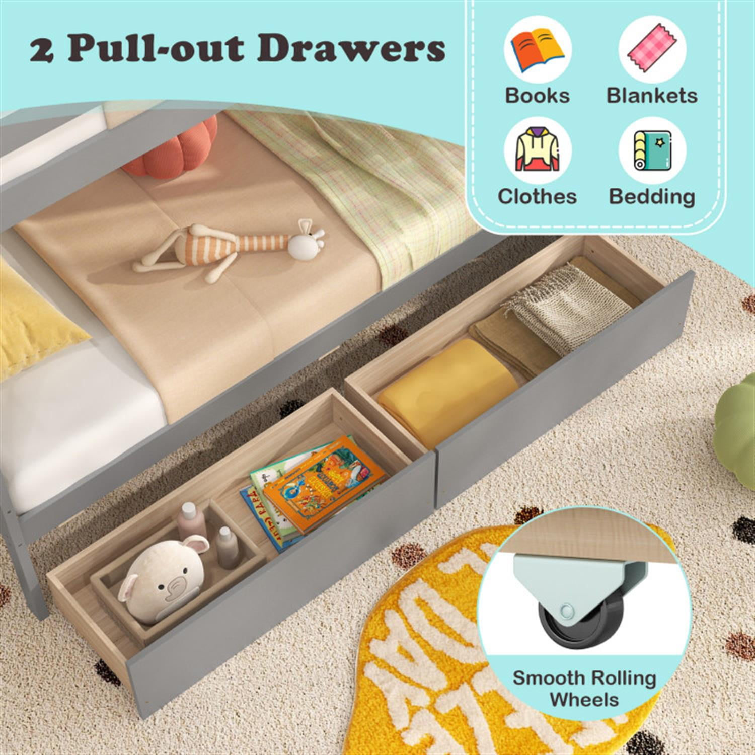 Demi Bonn Twin Over Twin Bunk Bed with Storage Stairs and Drawers, Solid Wood Bunkbeds Frame for Bedroom, No Box Spring Needed, Gray