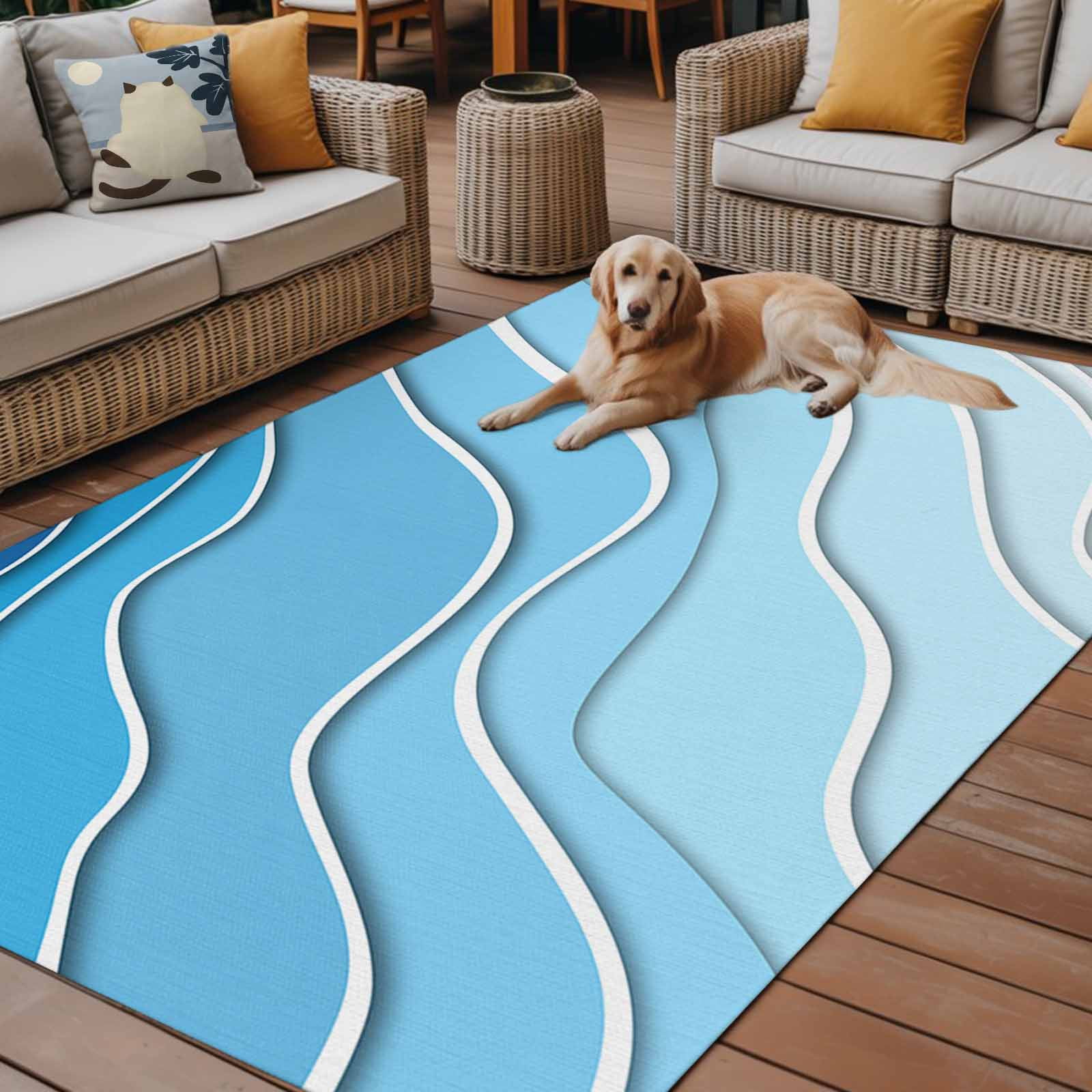 5' x 8' Outdoor Rug, Blue Aqua Ombre Outdoor Washable Rug Large Floor Carpet, Modern Geometric Abstract Aesthetic Cream Non Shedding Area Rug for Outside Patio RV Porch Deck Balcony Camping