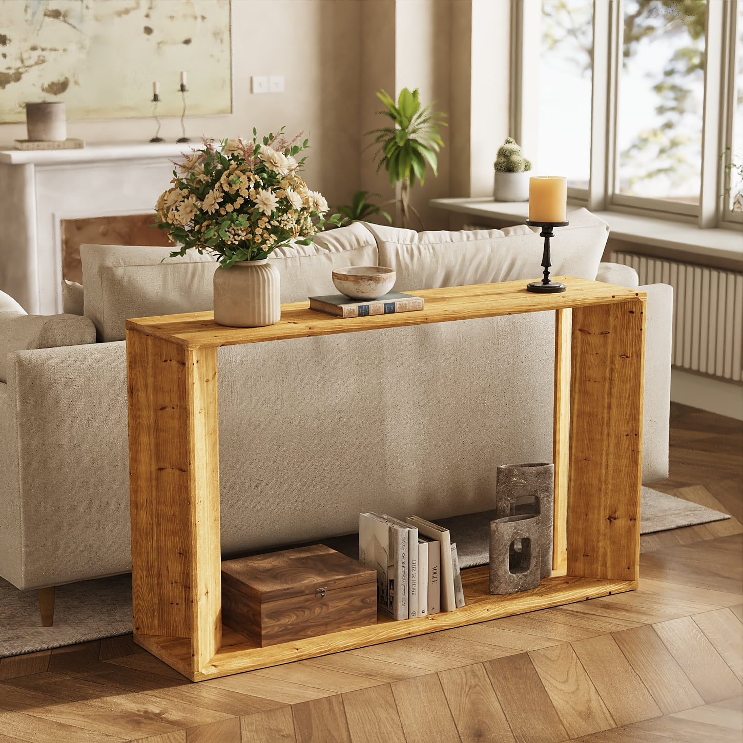 Finmind 2-Tier Solid Wood Console Table, 55 Inch Farmhouse Entryway Table Indoor for Foyer, Hallway, Brown